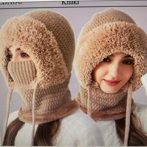 Tan Knit Plush Hat - Plush Fur Trim, Double layered with adjustable  drawstring